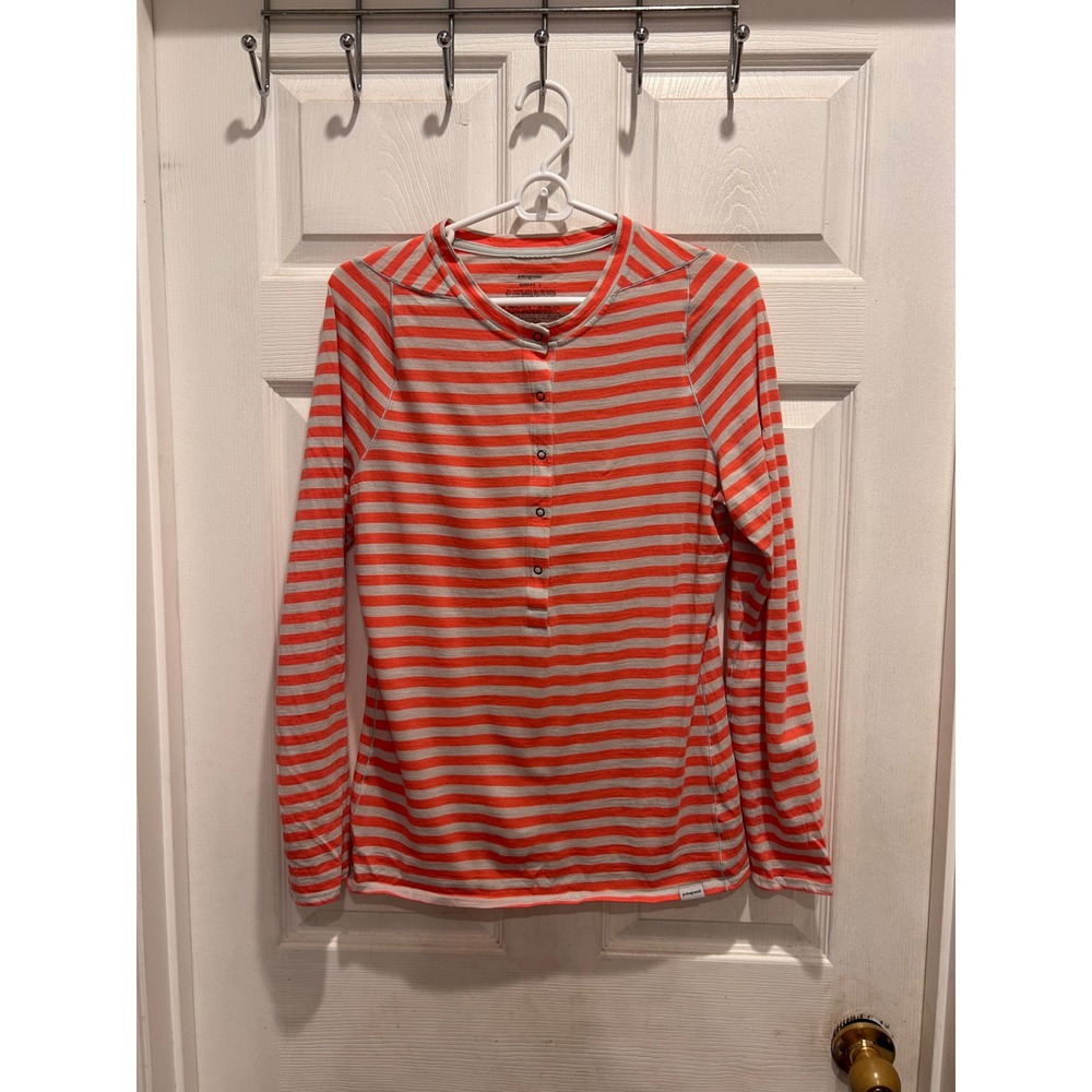 Patagonia Womens Merino 2 Henley Striped Top Orange Gray Large Long Sleeve